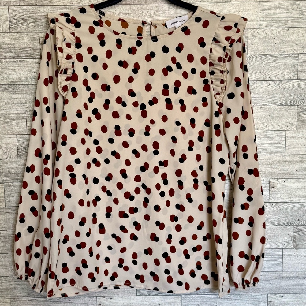 Hailey‎ & Co. Cream Blouse Black/Brown Dots Ruffled Peasant Sleeves Sz-Medium